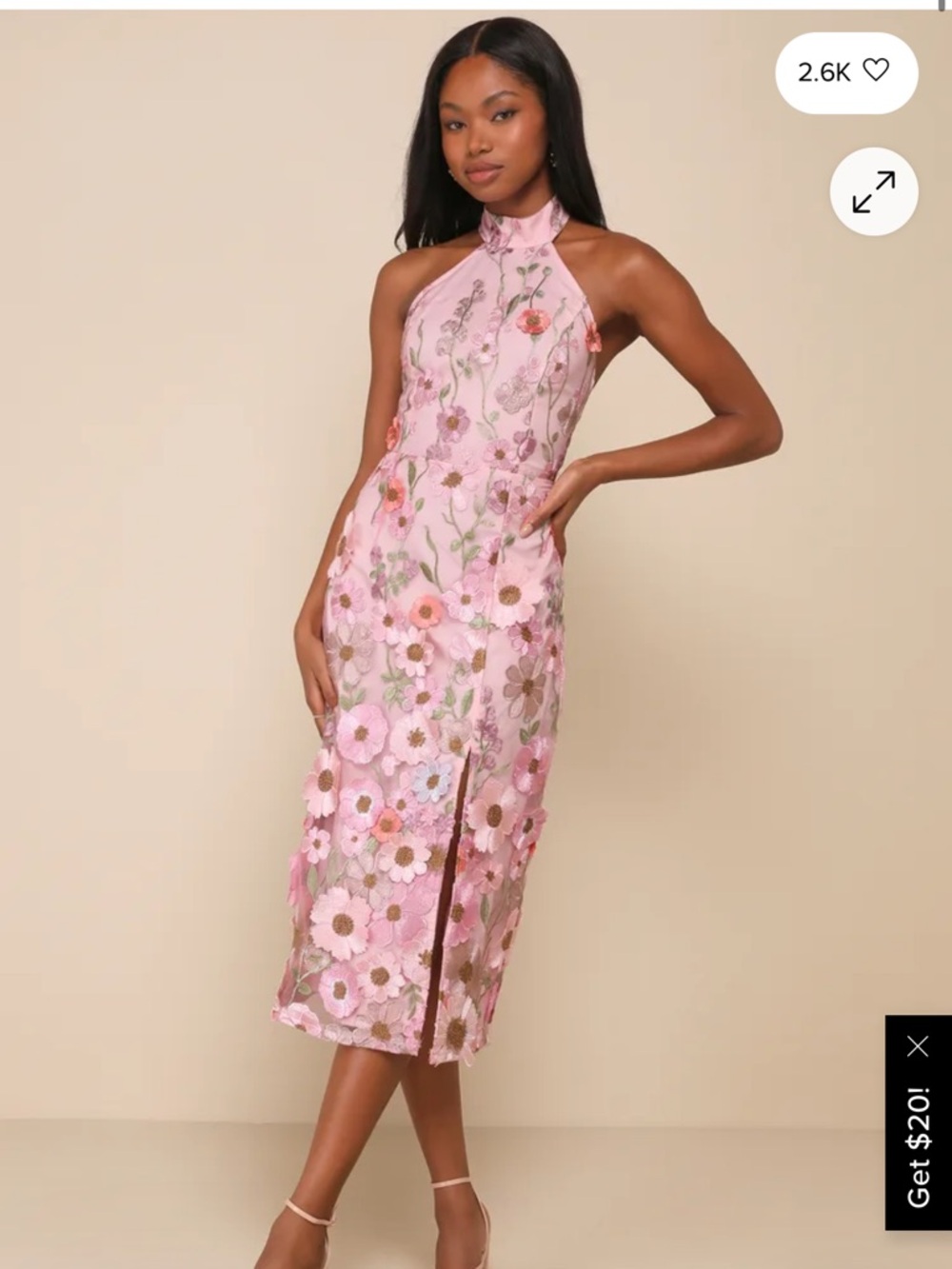 Lulu's Pink Floral Embroidered Halter Midi Dress